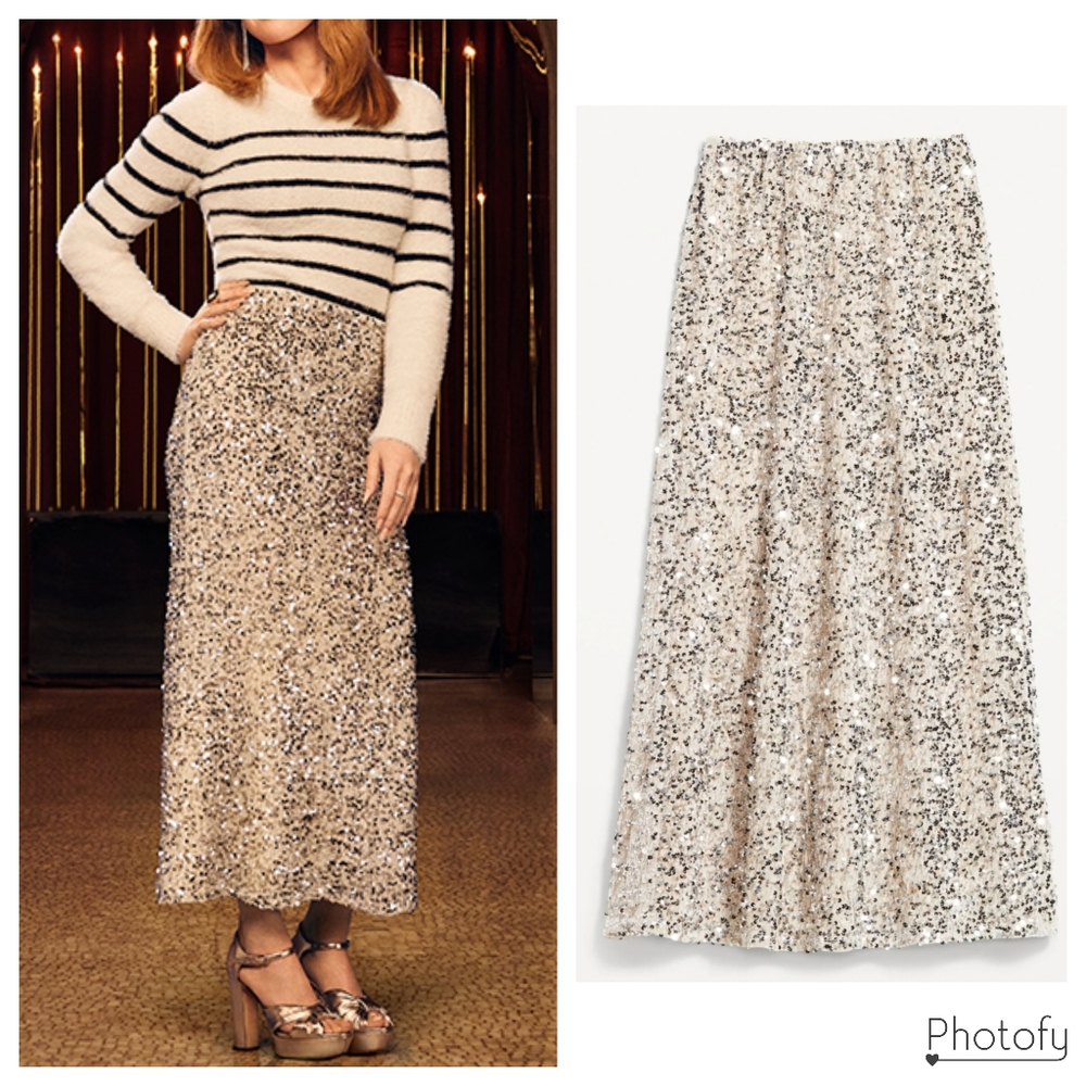 NWT Women's Old Navy Silver Sequin Sparkle Graduation / Easter A-Line Maxi Skirt
